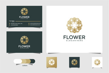 Set Of Modern Business Card Designs With Golden Flower Logo