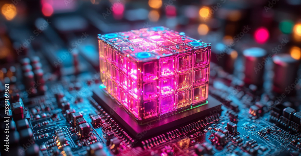 Poster A vibrant quantum computing processor is showcased on a circuit board, illuminated in pink and blue.