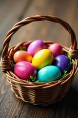 Brightly colored eggs nestled in a basket, wooden surface , overhead shot, nature, still life