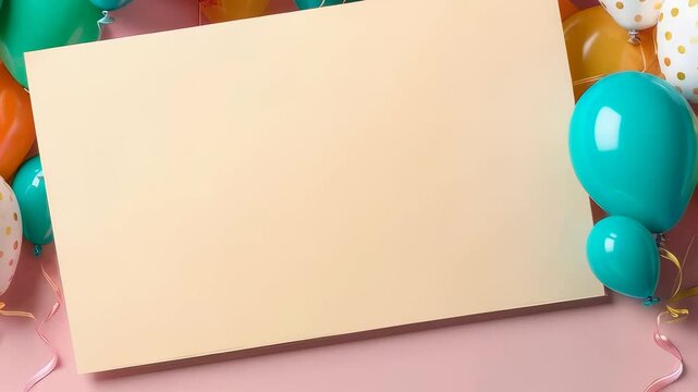 Colorful balloons surrounding blank card for celebratory event invitation or announcement