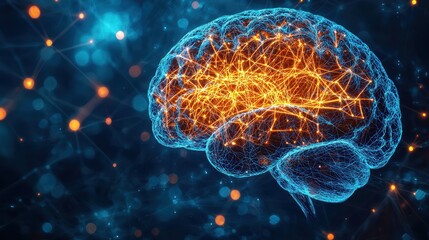 detailed view of human brain showcasing neural connections and activity, illuminated with vibrant colors, representing cognitive processes and intelligence