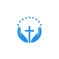 Obraz premium Simple Blue Christian Cross Symbol With Hands And Sun Rays
