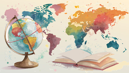Watercolor world map background, vibrant and abstract representation of the globe, symbolizing global literacy and education with copy space  