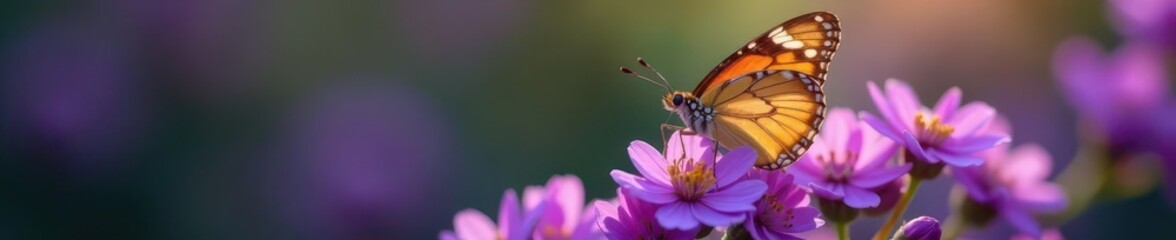 Fototapeta premium Delicate butterfly wings spread wide, perched on vibrant violet bloom , garden, wildflower, floral