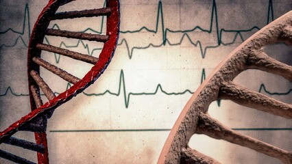 DNA strands overlaying a heartbeat graph, symbolizing genetics and health monitoring.