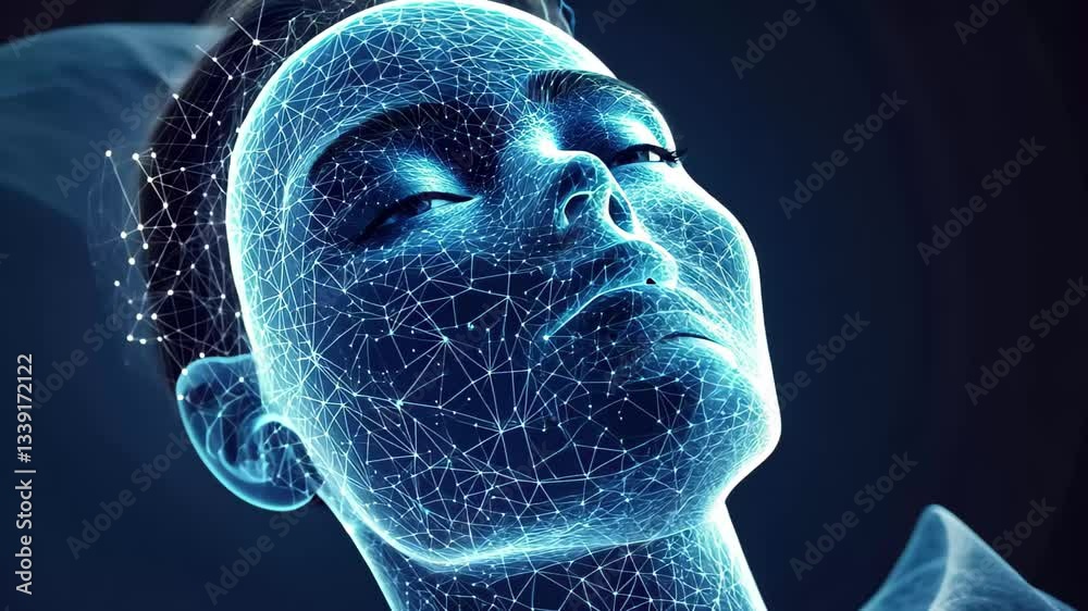 Poster robot head activates artificial intelligence interface in futuristic setting, robot head waking up a