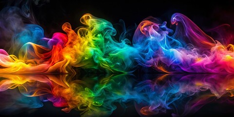 Fototapeta premium Abstract Colorful Smoke Swirls Bokeh Dark Reflective Surface Vivid Dramatic Atmosphere Stock Photo