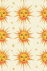 Radiant Sunburst Pattern: A cheerful illustration of the sun with a gentle face radiates warmth and light against a soft background, perfect for various creative applications.