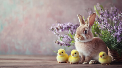 Cute rabbit and chicks for easter feast, festive easter decoration