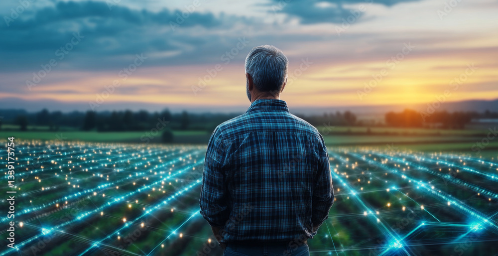 Poster a farmer stands in a field at sunset, observing the rows of crops illuminated by digital technology.
