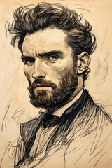 Obraz premium Intense Gaze: A portrait of a man with a deep and profound gaze, conveying introspection and intensity. He has a full beard and mustache.