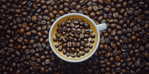 Fototapeta premium Coffee Cup Surrounded by Roasted Beans, Aromatic Brew