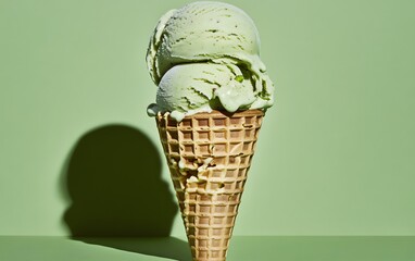 Delicious Pistachio Ice Cream Cone on Green Background