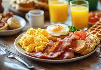 Delicious Breakfast Spread Featuring Scrambled Eggs, Crispy Bacon, Fresh Fruit, Waffles, and Juicy Orange Juice in a Cozy Dining Setting