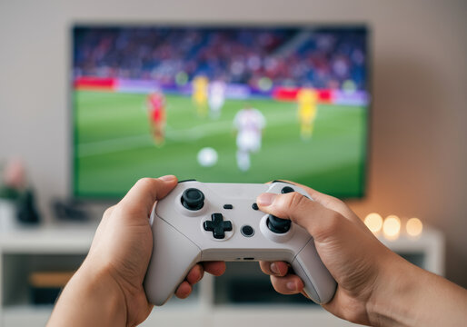 Person holding a game controller while watching a soccer match on TV