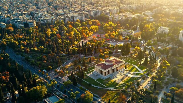 Stunning aerial view showcasing the beauty of Athens, Greece during sunset with historical landmarks and lush greenery, Aerial view around the capitol city Athens in Greece on a sunny morning in fall