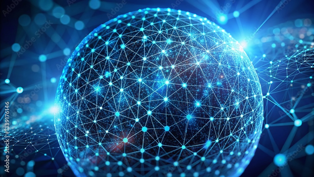 Poster abstract blue sphere data visualization: wireframe technology particle network 3d render