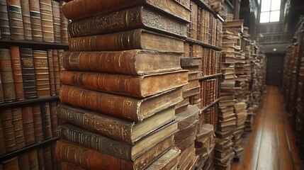 Obraz premium Ancient bookshelves, antique library, historical interior