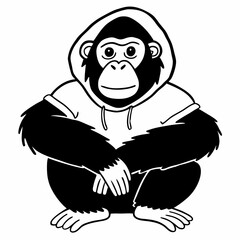 a cute ape wearing a hooded sweatshirt in a monochrome style. The ape is sitting down with folded arms and wearing a hoodie