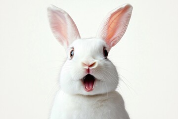 A surprised white rabbit in a bright studio setting, perfect for Easter promotions, pet-related content, or whimsical greeting cards.