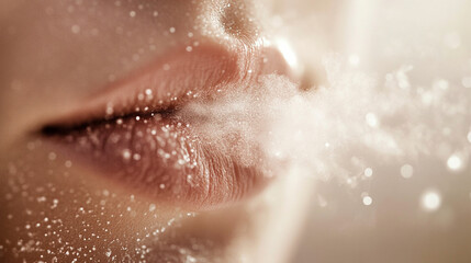 Fototapeta premium Silent Whispers: A close-up of lips exhaling fog in the cold air, creating soft dreamy wisps.