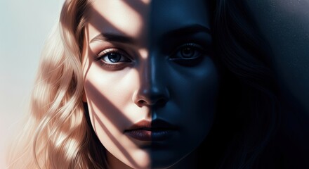 Duality portrait of young caucasian female with light and shadow contrast