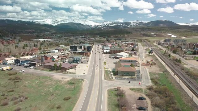 Ascending aerial footage of the statutory town of Fraser, located in Grand County, Colorado, USA