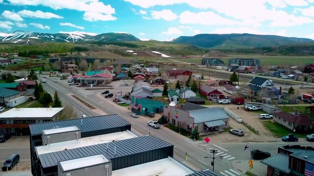 Ascending drone footage of the mountain statutory town of Fraser in Grand County, Colorado, USA