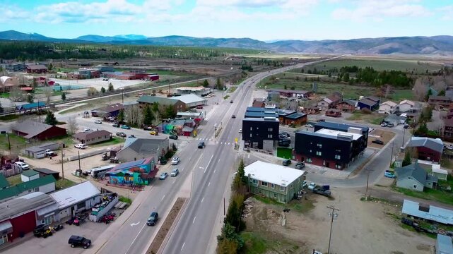 Aerial footage of the mountain statutory town of Fraser in Grand County, Colorado, United States