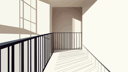 The image shows a digitally rendered minimalist interior scene.  The viewpoint is from within a hallway or corridor featuring a balcony with a black metal railing.  The walls are predominantly