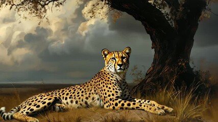 Cheetah resting under a tree in the savannah during late afternoon, A cheetah is resting in the savannah - Powered by Adobe