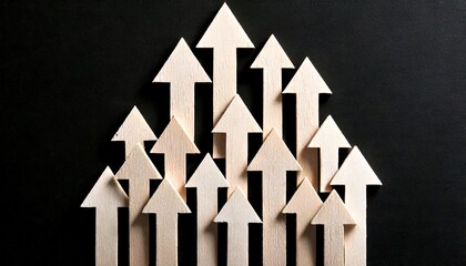 white wooden arrows in all up same direction isolated on a black background wood growth success achievement accomplishment team teamwork arrow group of compete competition competing competitive - obrazy, fototapety, plakaty