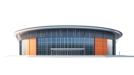 Basketball front of big arena on white background