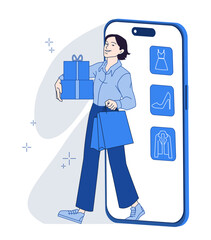 Woman carrying shopping bags and gift boxes emerges from a smartphone screen, symbolizing online shopping. Minimalist digital illustration on white background. E-commerce concept. Vector illustration