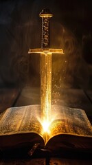 Golden Sword Piercing Open Book, Mystic Light, Wooden Table