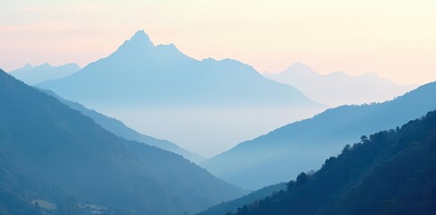 Fototapeta premium Misty mountain peaks, soft clouds, subtle gradient background , graphic, organic
