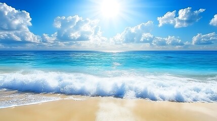 Obraz premium Ocean wave crashing on sunny beach with blue sky background