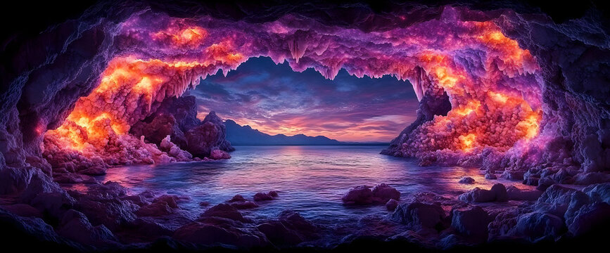 Colorful Glowing Cave Sunset Ocean View