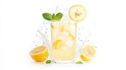 Citrus Splash: A refreshing glass of lemonade, adorned with vibrant lemon slices and fresh mint sprigs, experiences a burst of a water splash.