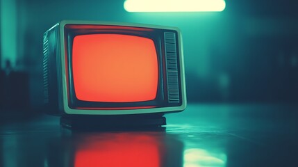 Retro TV glows in darkness. Empty screen. Background lighting