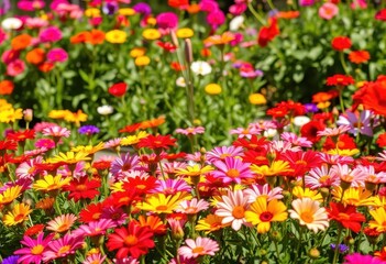 Fototapeta premium Vibrant colorful flowers blooming in a sunny garden bed, floral, buds