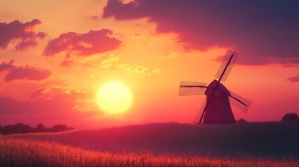 Windmills in the sunrise In enchanting tableau of dusk, windmill stands tall, silhouette backdrop of a fiery sun bidding farewell, Sunrise over a tulip field, weaves through vibrant hues of twilight.