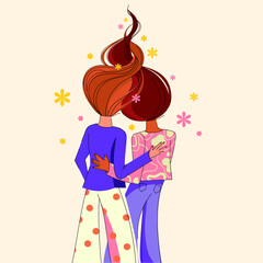 Two women embracing, symbolizing friendship, love, and unity, with their hair artistically intertwined vector illustration. Ideal for themes of support, relationships, feminism,emotional connection