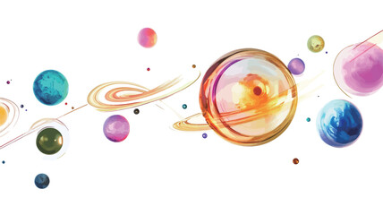Digital illustration depicting a stylized arrangement of planets and nebulae against a white background. The planets are rendered in various bright, pastel colors and sizes, appearing as