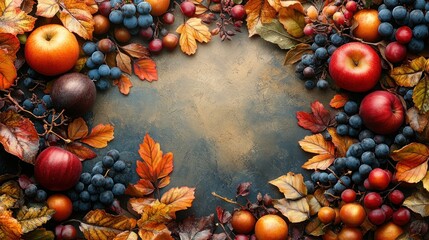 Autumn fruits and leaves frame on rustic background