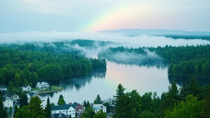 Fototapeta premium Rainbow over Serene Lake: A vibrant rainbow arches gracefully over a tranquil lake, reflecting the beauty of a landscape with a forest and houses, shrouded in a soft layer of morning mist.