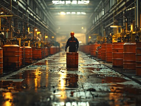 Factory worker handling barrels of oil in a dimly lit warehouse