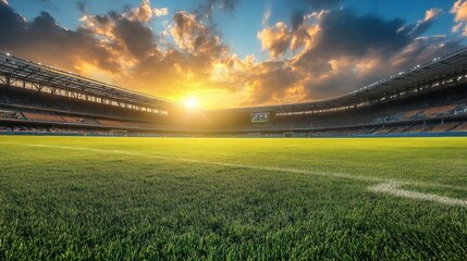 Fototapeta premium Sunset at the Stadium: A breathtaking view of a modern stadium bathed in the golden light of sunset. The lush green field is ready for the game, creating a vivid and exciting atmosphere.