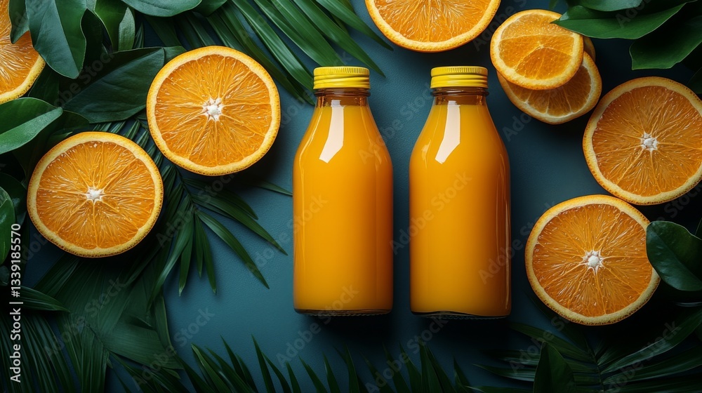 Poster two bottles of freshly squeezed orange juice stand on a blue surface, surrounded by ripe oranges and