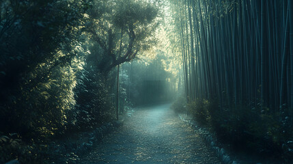 Fototapeta premium Serene bamboo forest path illuminated by soft sunlight, inviting exploration and tranquility